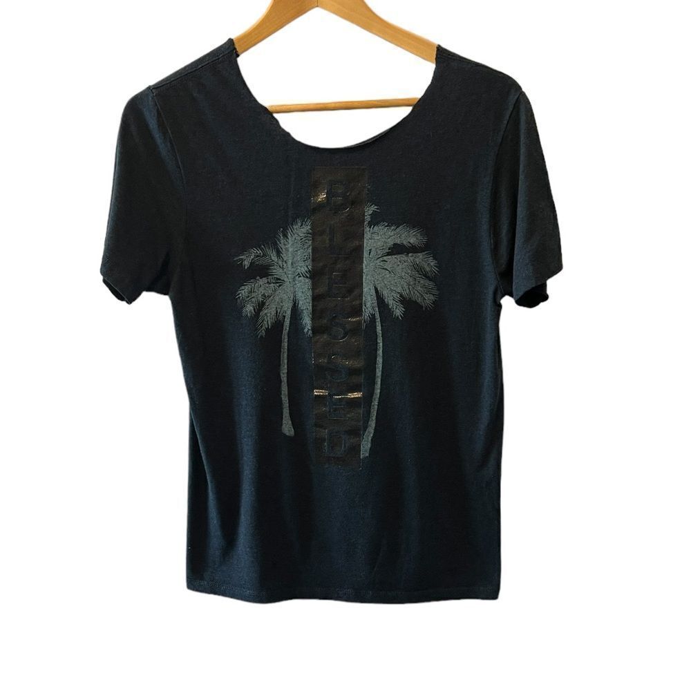 Dark Blue Metallic “Blessed” Graphic Print Jagged Neck Edge Short Sleeve Tee M